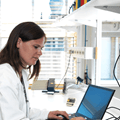 Physician reading patient report online